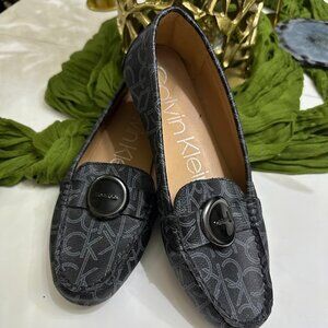 Calvin Klein Women Leana Loafer Black Logo Leather Slip On Casual Comfort Flat